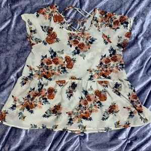 Floral Flowy Short Sleeved Shirt with Lace Up Back